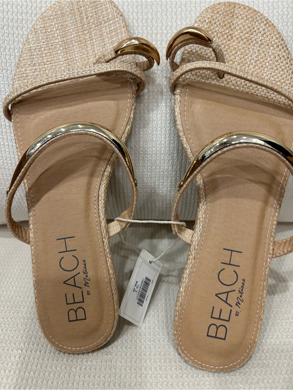 Matisse Beach Woven Tan Slide Sandals with Gold Straps